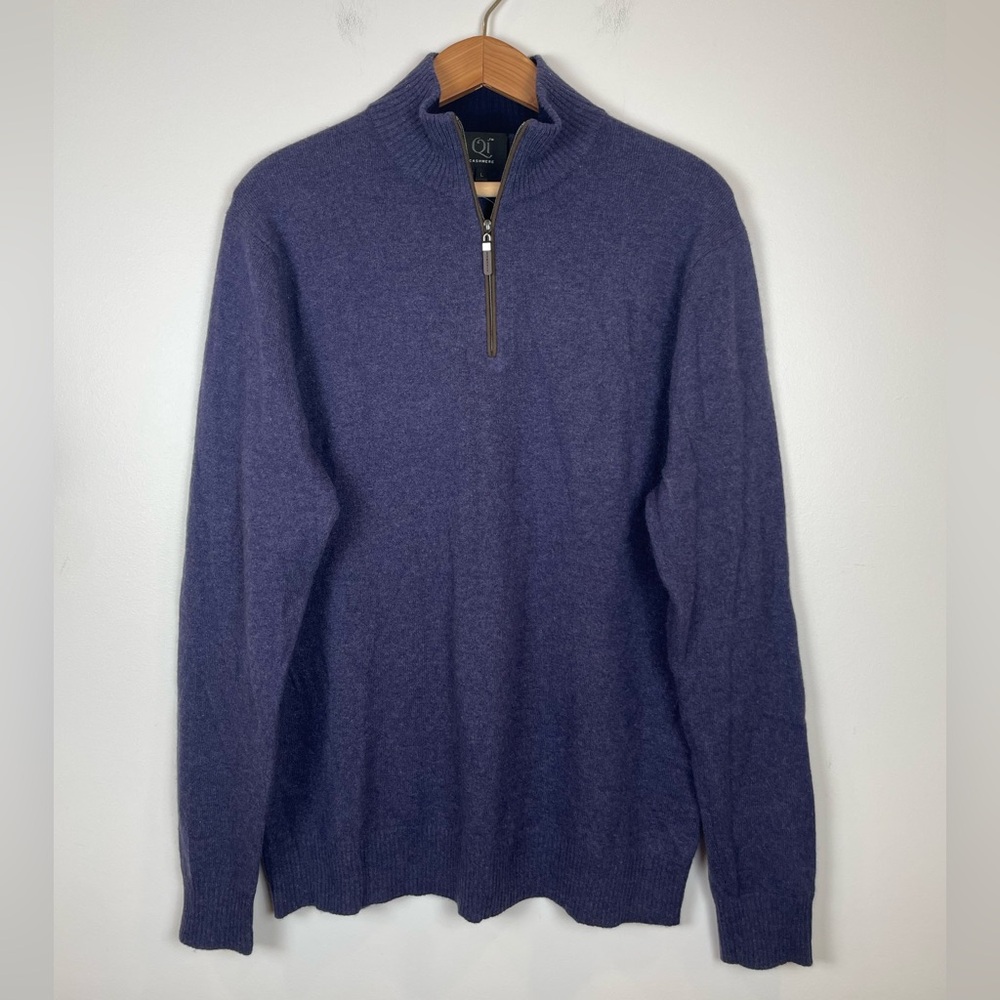 Qi 100% Cashmere Quarter Zip Sweater Pullover Blue Luxury Knit Minimalist